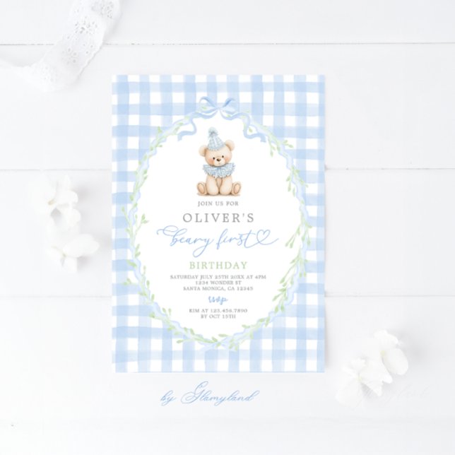 Preppy Beary First Birthday Invitation Inbjudningar (Skapare uppladdad)