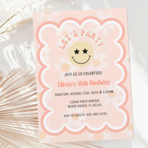 Preppy Beige Daisy Y2K Lycklig Ansikte Party födel Inbjudningar