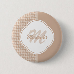 Preppy Beige och Tan Houndstooth Monogram och Namn Knapp