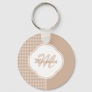 Preppy Beige och Tan Houndstooth Monogram och Namn Nyckelring