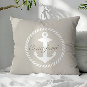 Preppy Beige & Vit Marin Ankare Monogram Kudde