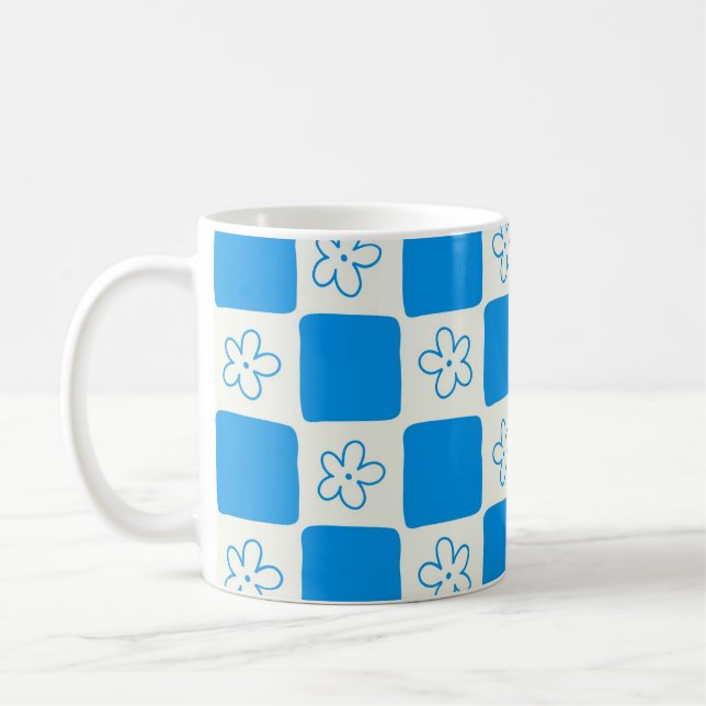 Preppy Blå Blommig Rutig Mönster Kaffemugg (Vänster)