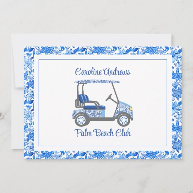 Preppy Blå Blommor Palm Beach Golfvagn Tack Kort (Framsida)