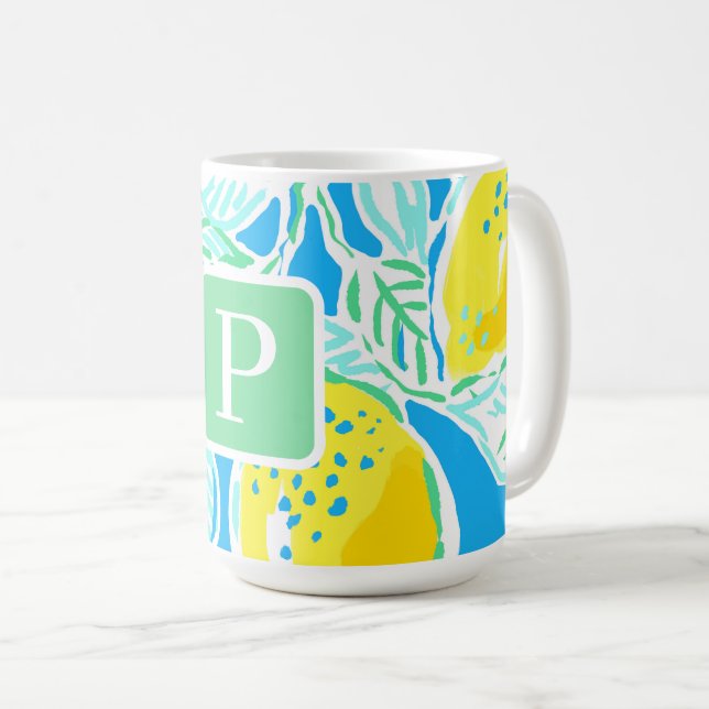 Preppy Blå Citron Mönster Monogram  Kaffemugg (Framsida höger)