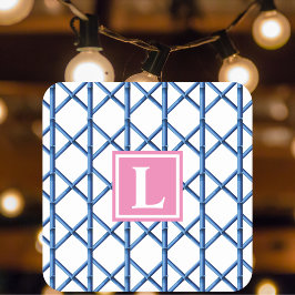 Preppy Blå Gittermönster Bambu Monogram Fest Underlägg Papper Kvadrat