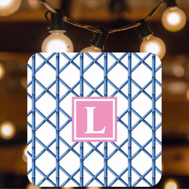 Preppy Blå Gittermönster Bambu Monogram Fest Underlägg Papper Kvadrat (Skapare uppladdad)