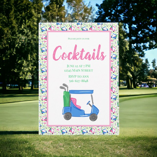 Preppy Blå Golfkärr Cocktailfest Border Inbjudningar (Skapare uppladdad)
