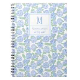 Preppy Blå och Gröna Hortensia Monogram Anteckningsbok