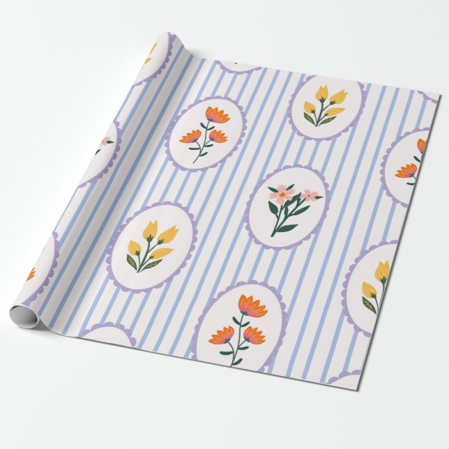 Preppy Blå Randig Blommig Cameo Folkkunst Presentpapper (Utrullad)