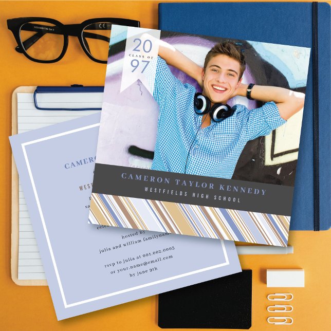 Preppy Blå Randiga Foto-Examenfest Inbjudningar (Skapare uppladdad)