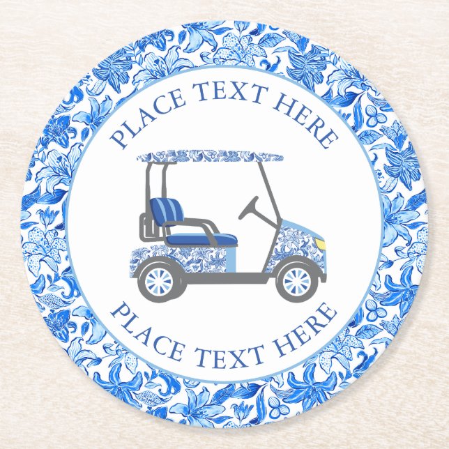Preppy Blå & Vita Blommor Golfvagn Underlägg Papper Rund (Framsidan)