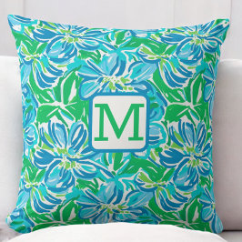 Preppy Blåa blommor Monogram Kudde