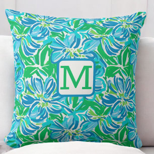 Preppy Blåa blommor Monogram Kudde
