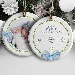 Preppy Blåa Slöjor Babyens Första Jul Foto Julgransprydnad Keramik