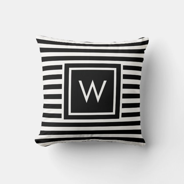 Preppy Black and White Rand Monogram Kudde (Framsida)