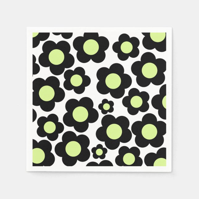 Preppy Black Neon Grönt Hippie Flower Mönster Pappersservett (Framsidan)