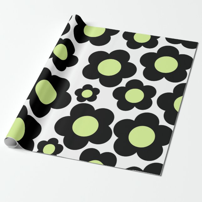 Preppy Black Neon Grönt Hippie Flower Mönster Presentpapper (Utrullad)