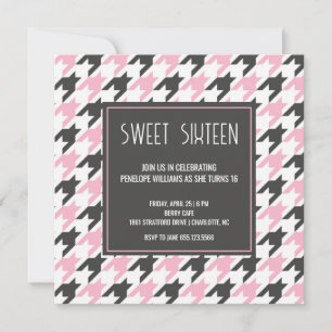 Preppy Black rosa Houndstooth mönster Sweet 16 Inbjudningar