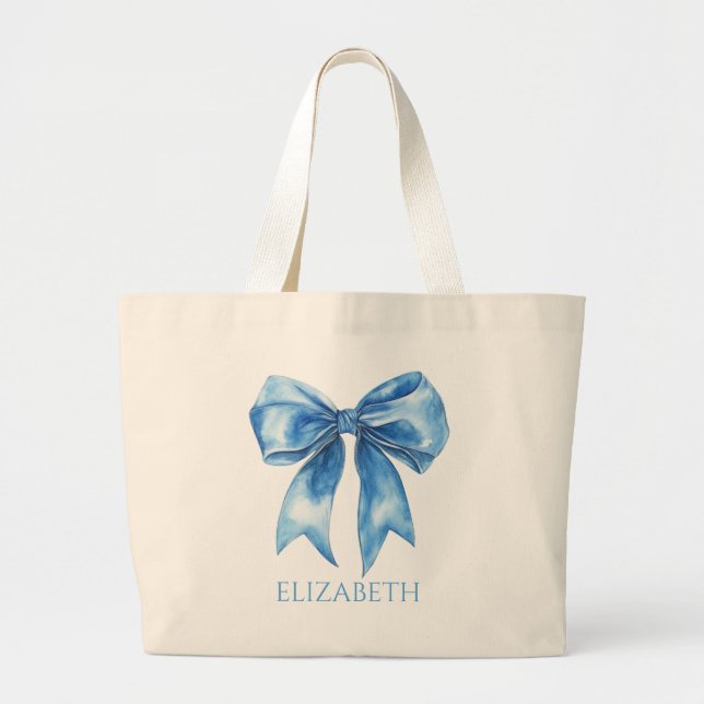 Preppy Blue and White Bow Personalized Jumbo Tygkasse (Framsidan)