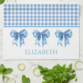 Preppy Blue and White Gingham and Bow Kökshandduk