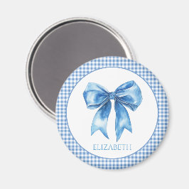 Preppy Blue and White Gingham and Bow Magnet