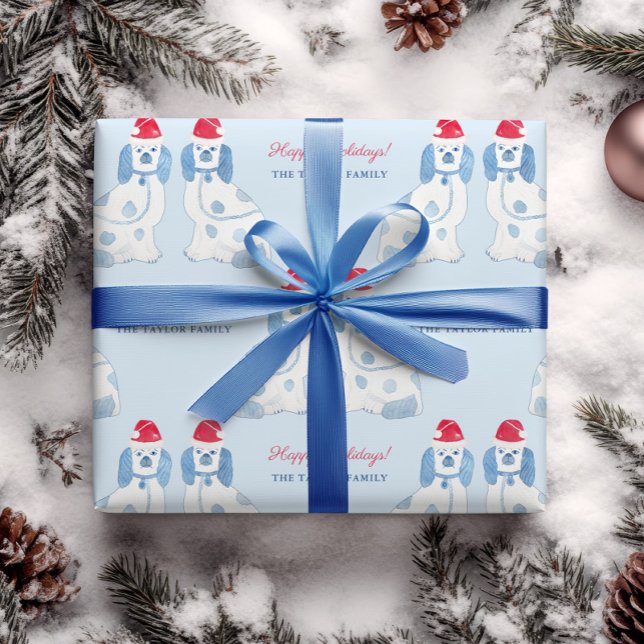 Preppy Blue and White Stafford Hundar jul Presentpapper (Blue and white chinoiserie staffordshire pottery dogs with Santa hats Christmas wrapping paper)