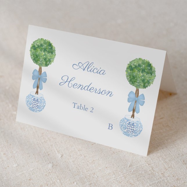 Preppy Blue Bow Boxwood Individual Place Card Bordsnummer (Elegant individual place card with watercolor boxwood topiary and pale blue bow with ginger jar )