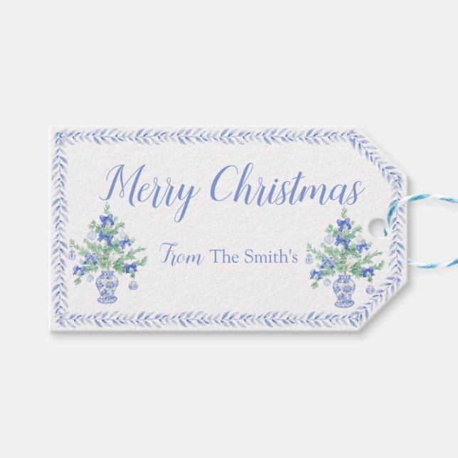 Preppy Blue Chinoiserie Julgran Ginger Burk Presentetikett (Framsidan (Horisontell))