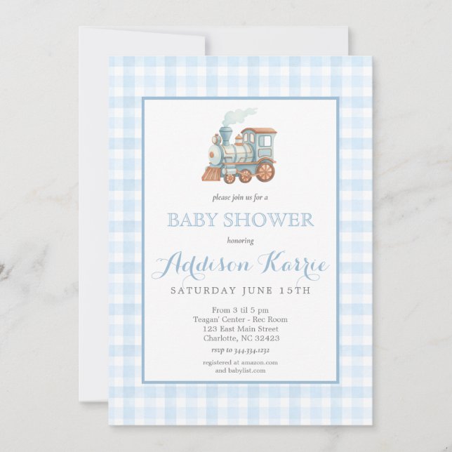 Preppy Blue Gingham Choo Choo Train Baby Shower Inbjudningar (Framsida)