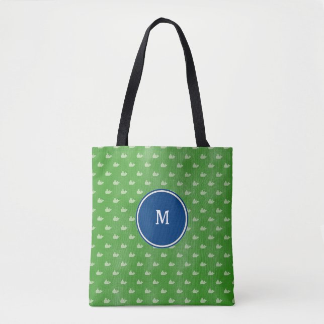 Preppy Blue Grönt White Whales Monogram Hund Tote Tygkasse (Framsida)