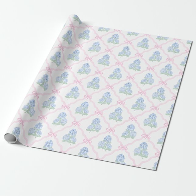 Preppy Blue Hydrangea with Pink Bow Trellis Presentpapper (Utrullad)