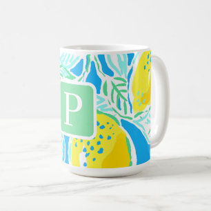 Preppy Blue Lemon Initial Monogram Coffee Mugg