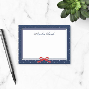 Preppy Blue med White Polka Dot Red Ribbon Post-it Block