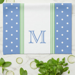 Preppy Blue och Grönt Polka Dot Monogram Kökshandduk