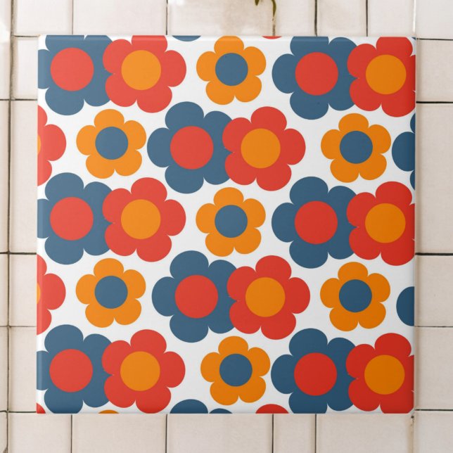 Preppy Blue Orange Hippie Flower Mönster Kakelplatta (Skapare uppladdad)