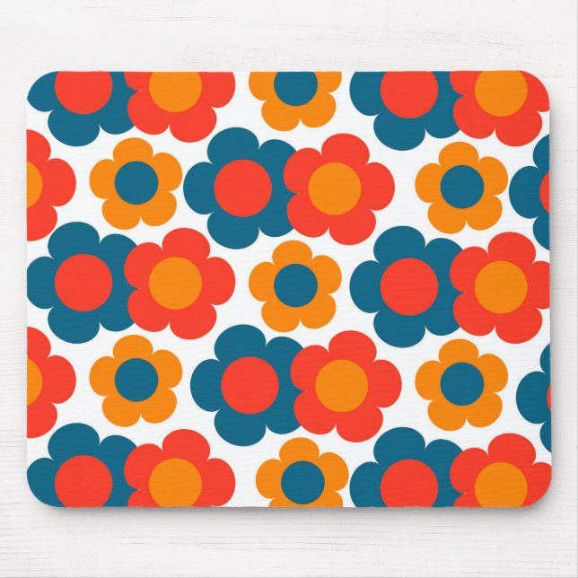 Preppy Blue Orange Hippie Flower Mönster Musmatta (Framsidan)