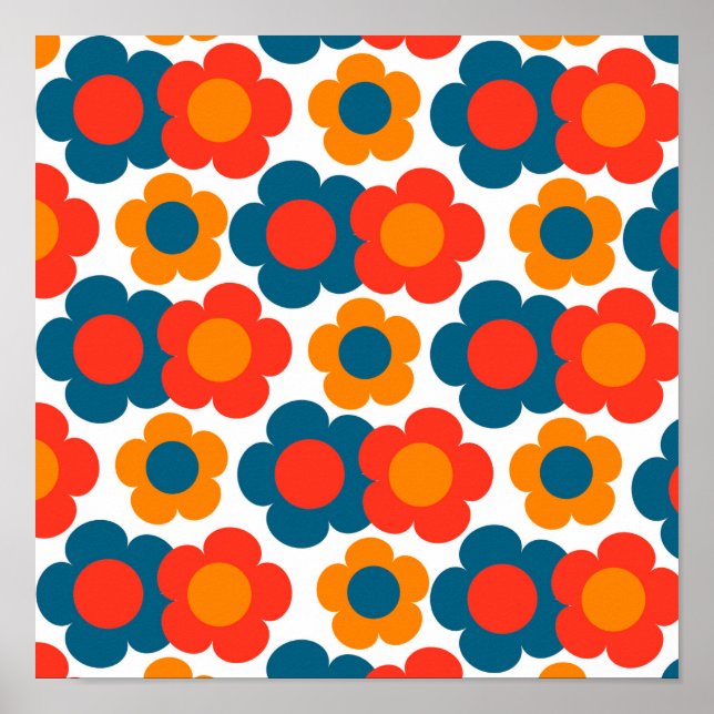 Preppy Blue Orange Hippie Flower Mönster Poster (Framsidan)