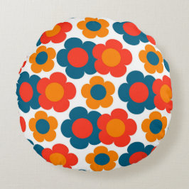 Preppy Blue Orange Hippie Flower Mönster Rund Kudde