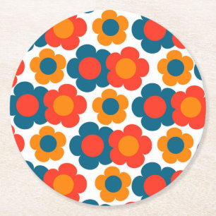 Preppy Blue Orange Hippie Flower Mönster Underlägg Papper Rund