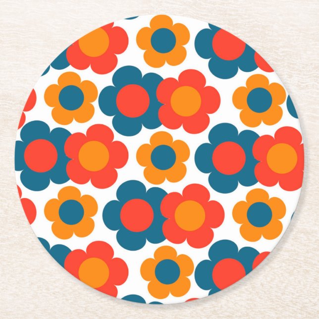 Preppy Blue Orange Hippie Flower Mönster Underlägg Papper Rund (Framsidan)