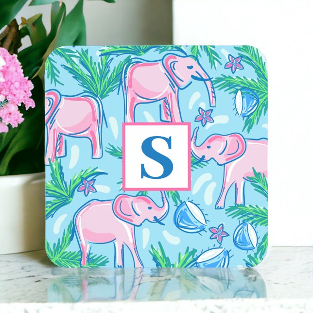 Preppy Blue Rosa Grönt Elephant Monogram Underlägg Papper Kvadrat (Skapare uppladdad)