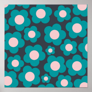 Preppy Blue Rosa Hippie Flower Mönster Poster