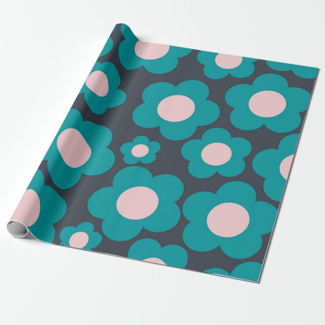 Preppy Blue Rosa Hippie Flower Mönster Presentpapper (Utrullad)