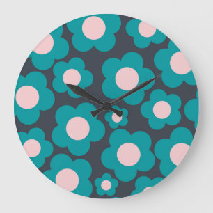 Preppy Blue Rosa Hippie Flower Mönster Stor Klocka