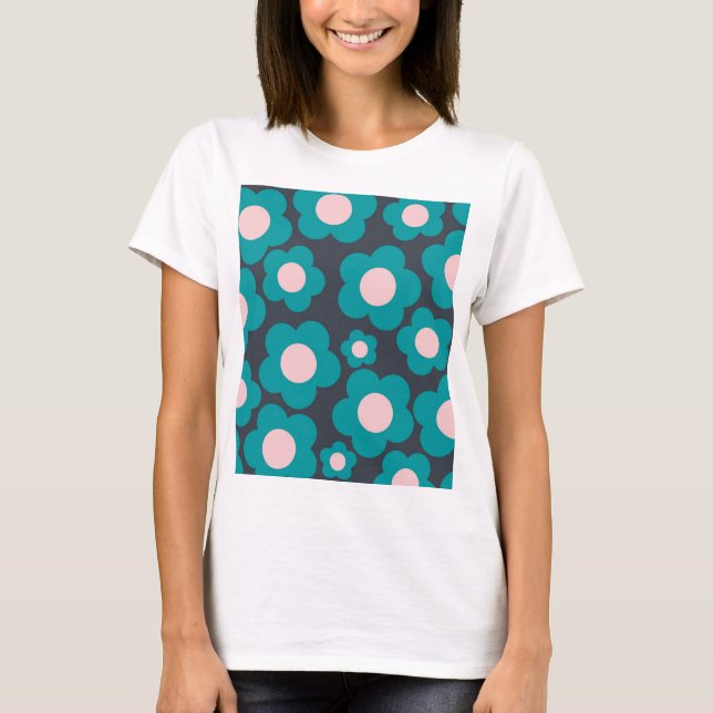 Preppy Blue Rosa Hippie Flower Mönster T Shirt (Framsida)