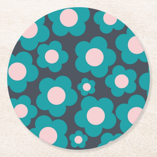 Preppy Blue Rosa Hippie Flower Mönster Underlägg Papper Rund (Framsidan)