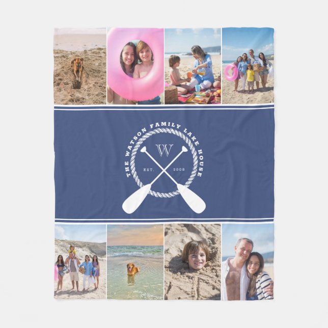Preppy Blue Sjö House Monogram Photo Collage Fleecefilt (Framsidan)