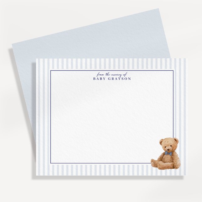 Preppy Blue Striped Teddy Bear Nursery note card Meddelande (Skapare uppladdad)