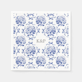 Preppy Blue Toile Hydrangea Bow med Namn Pappersservett