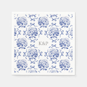Preppy Blue Toile Hydrangea Bow med Namn Pappersservett